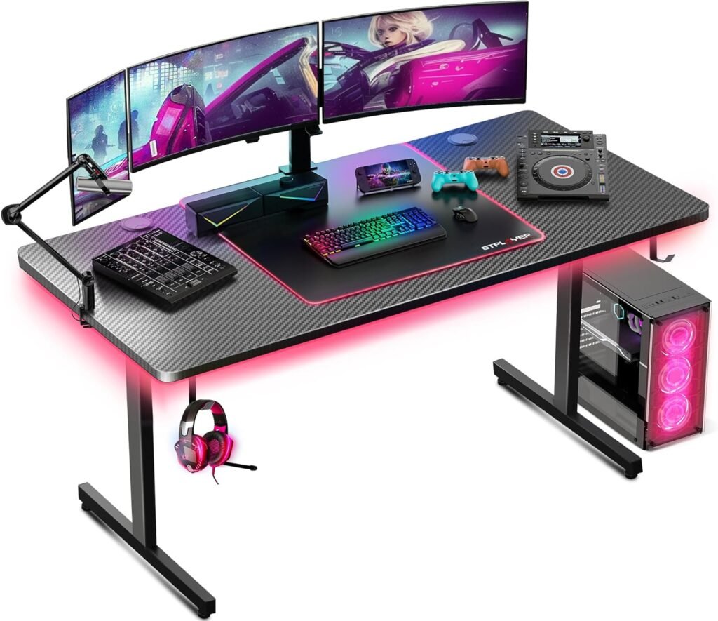 GTPLAYER 55 Inch Gaming Desk with LED Lights, Large Computer Desk with Mouse Pad for Home Office, T-Shaped Carbon Fibre Surface PC Game Workstations with Headphone Hook